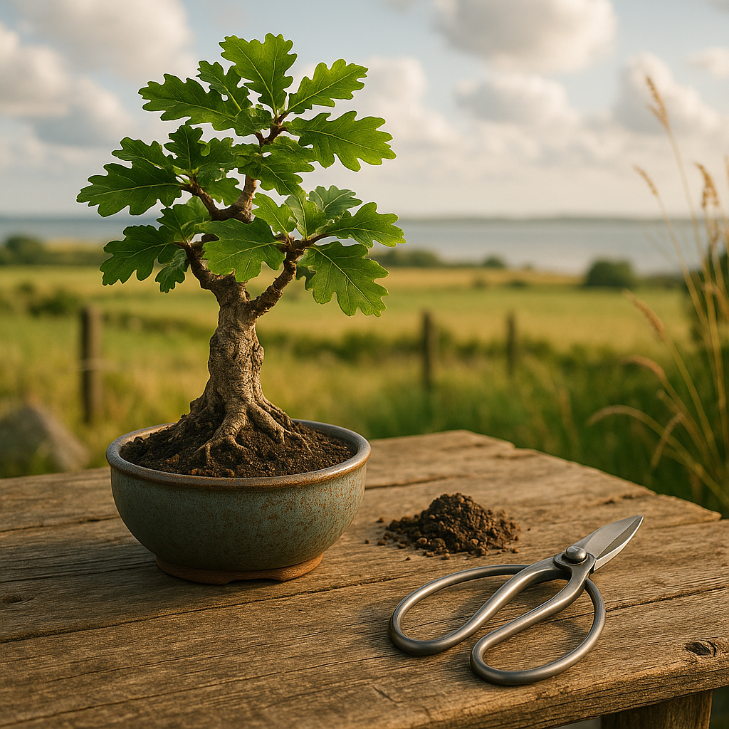bonsai eik met bonsai schaar en hoopje grond op houten tafel – fouten bij bonsai verzorgen voorkomen